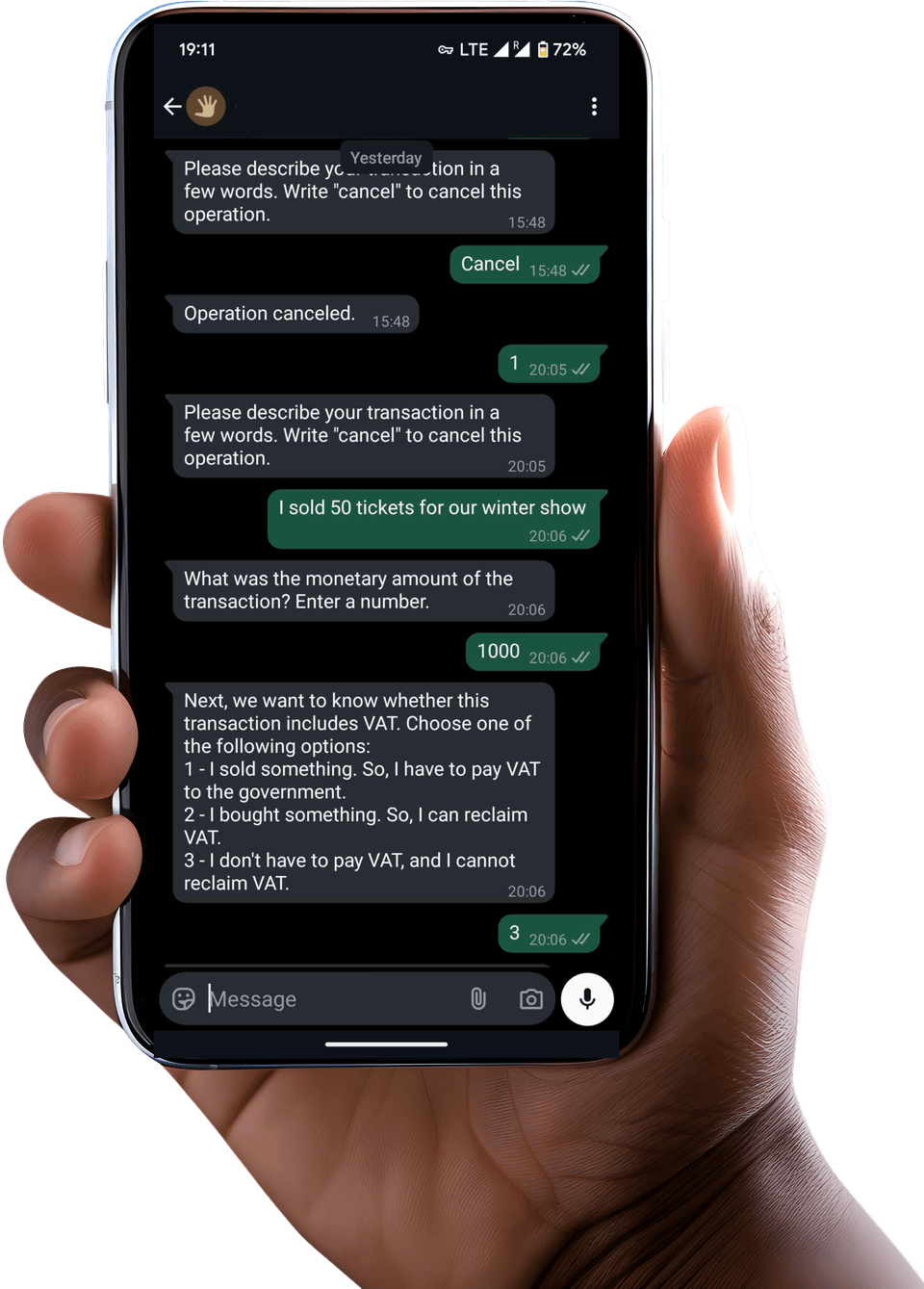 Hand holding smartphone with app